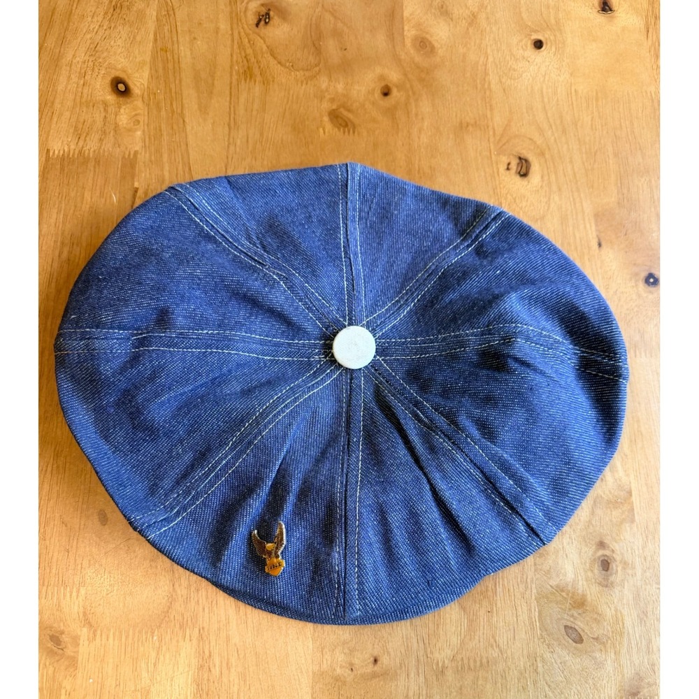 Vintage Suzuki Denim‎ Newsboy Cap Blue Cotton 8 Panel Hat Eagle Pin Hong Kong